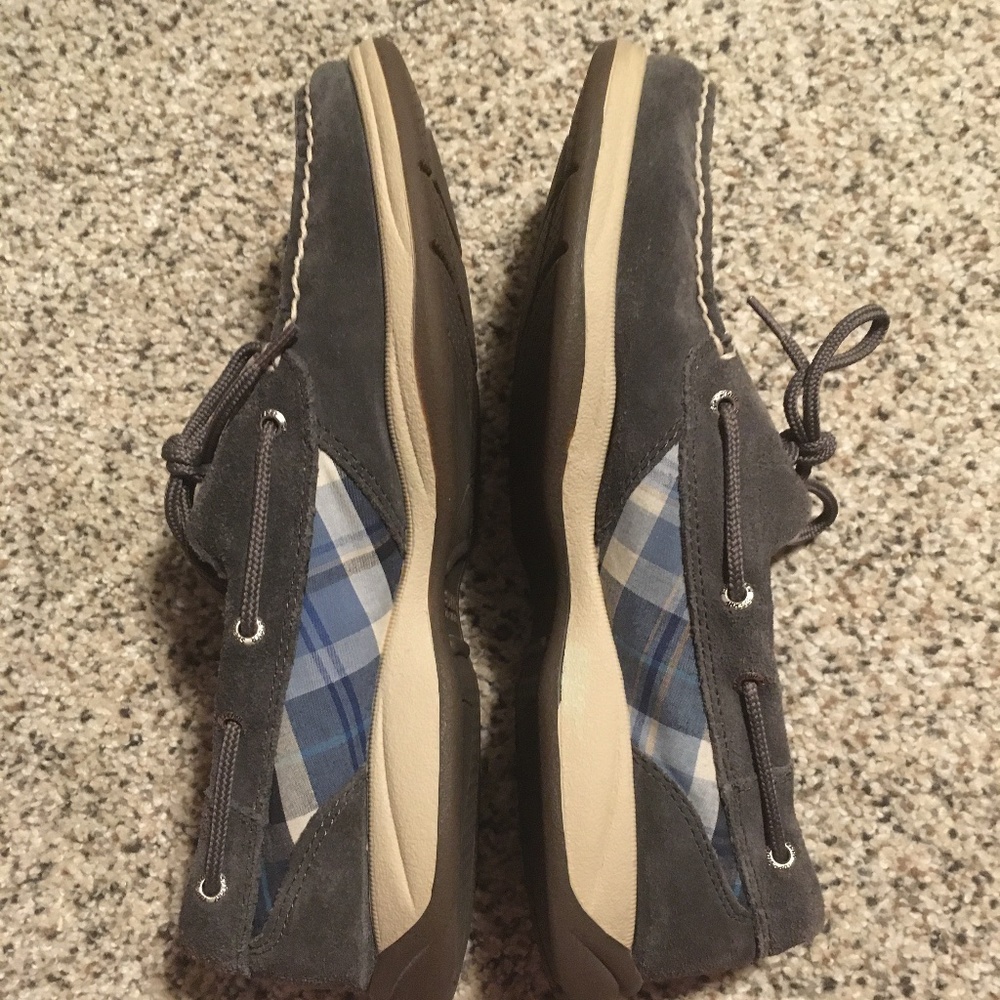 Sperry Boat Shoes Grey Suede with Blue Plaid